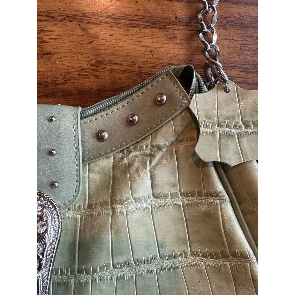 M.C Sage Green Croc Embossed Shoulder Bag | Rhinestone Western Buckle Studded